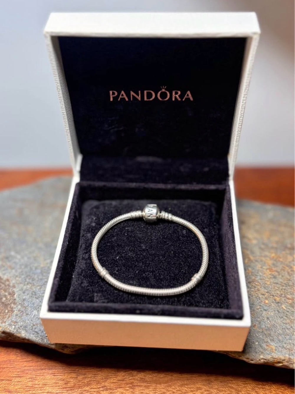 Pandora Sterling Silver Barrel Clasp Snake Chain Bracelet •16cm•
